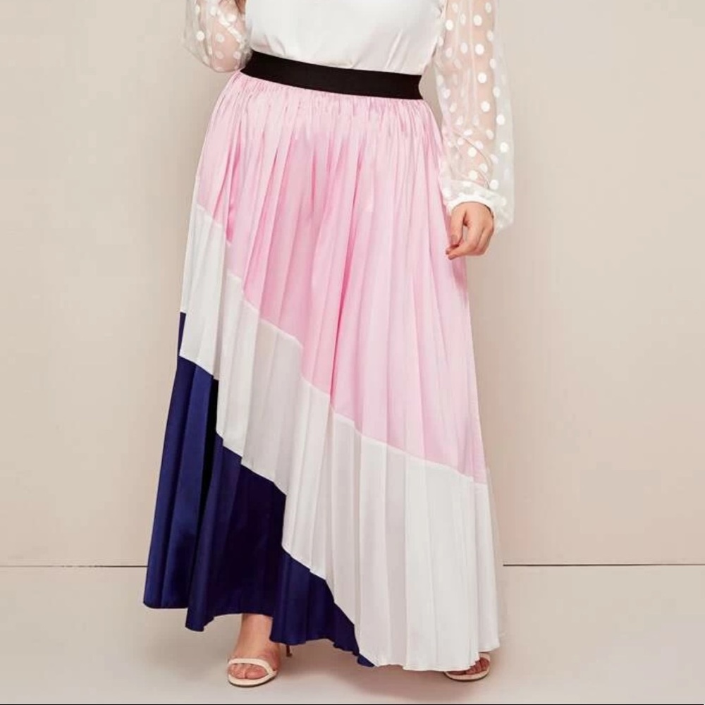 Pink Blue & White Pleated Maxi Skirt 3X NWOT